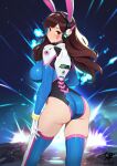  1girl adapted_costume animal_ears artist_name ass breasts brown_eyes brown_hair closed_mouth commentary d.va_(overwatch) explosion facial_mark fake_animal_ears from_behind gloves highres kaos_art leotard lips logo long_hair long_sleeves looking_at_viewer looking_back medium_breasts night night_sky outdoors overwatch shiny_skin skin_tight sky smile thighhighs thighs white_gloves 