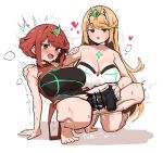  2girls arm_around_shoulder arm_support bar_censor bare_shoulders blonde_hair blush breasts censored chest_jewel cleavage clothing_aside core_crystal_(xenoblade) dildo dress fried_bocky gem half-closed_eyes hand_on_another&#039;s_arm hand_on_another&#039;s_shoulder headpiece heart highres holding holding_sex_toy huge_dildo kneeling large_breasts leaning_back leotard leotard_aside long_hair looking_at_another moaning motion_lines multiple_girls mythra_(xenoblade) object_insertion open_mouth pussy pussy_juice pussy_juice_puddle pyra_(xenoblade) red_eyes red_hair sex_toy shadow shiny_skin short_hair simple_background smile spread_legs squatting sweat swept_bangs tears tiara trembling vaginal vaginal_object_insertion white_background white_dress xenoblade_chronicles_(series) xenoblade_chronicles_2 yellow_eyes 
