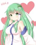  1girl akino_ell bad_id bad_pixiv_id bare_shoulders breasts closed_mouth detached_sleeves frog_hair_ornament green_eyes green_hair hair_ornament hair_tubes heart highres kochiya_sanae large_breasts long_hair looking_at_viewer smile snake_hair_ornament solo touhou twitter_username upper_body white_background 
