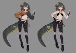  bare_shoulders blonde_hair clothing_cutout crocodile_girl crocodilian_tail cropped_hoodie fingerless_gloves gloves green_hair hood hoodie milkytiddyboy multicolored_hair original pants red_hair skinny stomach tagme tail thong 