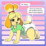  abstract_background accessory animal_crossing anthro bell canid canine canis clothed clothing crawling diaper domestic_dog english_text female hair_accessory hairband hi_res isabelle_(animal_crossing) mammal nintendo shirt smile solo speech_bubble stargal_galexi t-shirt text topwear wearing_diaper 