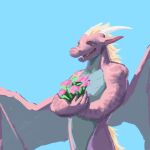 absurd_res anthro blonde_mane digital_media_(artwork) dragon flower hi_res laggron male mane mythological_creature mythological_scalie mythology nous plant purple_body purple_scales scales scalie simple_background sky smile solo spread_wings wings