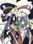  2girls black_coat black_hat black_pants blue_archive blue_necktie coat cosplay emmet_(pokemon) emmet_(pokemon)_(cosplay) fang gabriel_automatic_subtitle_manual_bot gloves green_hair hair_between_eyes hand_on_headwear hat highres hikari_(blue_archive) ingo_(pokemon) ingo_(pokemon)_(cosplay) long_hair long_sleeves looking_at_viewer multiple_girls necktie nozomi_(blue_archive) open_clothes open_coat open_mouth orange_eyes pants pointing pointing_at_viewer pokemon pokemon_bw shirt simple_background striped_coat tail two-tone_background very_long_hair white_coat white_gloves white_hat white_pants white_shirt 