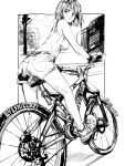  1girl anezaki_mamori bicycle breasts camisole copyright_name denim denim_shorts eyeshield_21 from_behind greyscale highres looking_at_viewer looking_back monochrome outside_border riding shoes short_shorts shorts sneakers solo twitter_username ueda-pix 