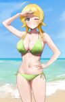  1girl ;d absurdres ahoge arm_up beach bikini blonde_hair blush breasts commentary green_bikini grin hachimiya_meguru hand_on_own_hip highres idolmaster idolmaster_shiny_colors large_breasts looking_at_viewer navel one_eye_closed outdoors pdal_(pdalhhh) shading_eyes side-tie_bikini_bottom sideboob skindentation smile solo stomach swimsuit twintails 