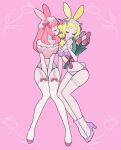  2girls animal_ears ayase_naru bare_shoulders between_legs blonde_hair bouquet bra closed_eyes commentary_request crop_top facing_another flower full_body hair_ribbon hand_between_legs high_heels highres holding holding_bouquet imminent_kiss invisible_chair long_hair multiple_girls nyaasechan panties pink_background pink_hair pink_ribbon pretty_rhythm pretty_rhythm_rainbow_live pretty_series profile purple_bra purple_footwear purple_panties purple_ribbon rabbit_ears rabbit_tail red_flower ribbon shoes sitting smile socks tail takanashi_otoha thighhighs tulip underwear underwear_only white_socks white_thighhighs yuri 