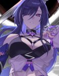  1girl absurdres acheron_(honkai:_star_rail) armor black_choker black_hole breasts choker cleavage coat criss-cross_halter detached_sleeves eyes_visible_through_hair hair_over_one_eye halterneck highres honkai:_star_rail honkai_(series) katana large_breasts long_hair looking_at_viewer midriff multicolored_hair parted_lips pigpotato purple_eyes purple_hair shoulder_armor single_bare_shoulder solo standing streaked_hair sword upper_body weapon white_coat 