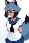 2023 anthro big_breasts black_ascot blue_bottomwear blue_clothing blue_hair blue_skirt bottomwear brand_new_animal breasts brown_body brown_fur canid canine clothing feisko female female_anthro fluffy fluffy_tail fur hair hi_res looking_at_viewer mammal michiru_kagemori raccoon_dog red_eyes school_unifirm shirt skirt smile solo standing studio_trigger tail tanuki teeth topwear white_clothing white_shirt white_topwear