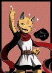  agata_(arc_rose) anthro arc_rose belt clothed clothing domestic_cat felid feline felis female hi_res long_shirt looking_at_viewer mammal open_mouth pose scarf simple_background smile solo whiskers 