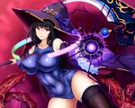  1girl absurdres bare_shoulders black_hair blue_one-piece_swimsuit blunt_bangs breasts cameltoe cloak covered_navel fantasy glasses hat highres holding holding_scythe long_hair long_sleeves looking_at_viewer magic magic_circle nekopanch0852 old_school_swimsuit one-piece_swimsuit open_cloak open_clothes original purple_eyes school_swimsuit scythe solo standing swimsuit swimsuit_under_clothes tentacles thighhighs thighs wizard wizard_hat 