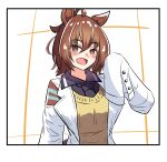  1girl agnes_tachyon_(umamusume) akkunz animal_ears black_shirt border breasts brown_hair collared_shirt commentary_request earrings hair_between_eyes hand_up highres horse_ears horse_girl horse_tail jewelry looking_at_viewer motion_lines necktie open_mouth shirt short_hair short_necktie simple_background single_earring sleeves_past_fingers sleeves_past_wrists small_breasts smile solo sweater tail umamusume upper_body white_border yellow_sweater 