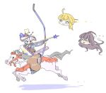  :3 alternate_costume ayaigasa black_eyes black_gloves blonde_hair bow_(weapon) brown_hair chasing closed_eyes drawing_bow flying full_body fur_sheath gloves green_eyes hadanugi_dousa hat holding holding_bow_(weapon) holding_weapon horse horseback_archery horseback_riding ichinose_shiki idolmaster idolmaster_cinderella_girls jibakurei_(elite_unchi) long_hair long_sleeves looking_at_another miyamoto_frederica motion_lines open_mouth partially_fingerless_gloves riding rokurokubi severed_head sheath shiomi_syuko short_hair simple_background tsurime weapon white_background yugake yumi_(bow) 