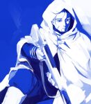  1boy aokamei beard blue_background blue_theme cloak facial_hair golden_kamuy gun highres holding holding_weapon hood hooded_cloak looking_to_the_side male_focus military_uniform ogata_hyakunosuke rifle solo uniform weapon 