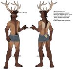  5_fingers aevris anthro antlers biped brown_body brown_fur cervine clothed clothing deer elk english_text fingers fur hi_res horn male mammal model_sheet ryker_(aevris) solo tail text topless topless_anthro topless_male underwear underwear_only 