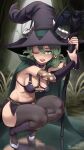  1girl blush breasts cloak fake_horns freckles full_body green_cloak green_eyes green_hair hat high_heels highres holding holding_staff horned_hat horned_headwear horns long_hair navel o-ring_strap ravenhart revealing_clothes solo squatting staff sweat thighhighs unicorn_overlord witch_hat yahna_(unicorn_overlord) 