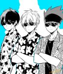  3boys collared_shirt crossed_arms daut_barret earrings facial_mark genjitsu_o_miro glasses hawaiian_shirt headband highres jewelry lance_crown mashle monochrome multiple_boys orter_madl planet_earrings shirt short_hair spiked_hair upper_body 