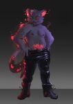 anthro belly_tattoo clothing fan_character footwear glowing hazbin_hotel hi_res inner_ear_fluff latex latex_clothing latex_legwear legwear male mammal nipples purple_body red_eyes shirtless shoes slightly_chubby solo stardustflower tail tail_with_eyes tattoo tuft