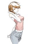  1girl arm_behind_back bare_arms bare_shoulders blue_pants breasts brown_eyes brown_hair camisole choker commentary cowboy_shot denim earrings hand_up highres jeans jewelry looking_at_viewer medium_breasts midriff_peek official_alternate_costume pants parted_lips persona persona_3 persona_3_reload pink_camisole short_hair smile solo spaghetti_strap stud_earrings swept_bangs takeba_yukari white_background white_choker yosora 