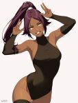  1girl absurdres artist_name bare_shoulders black_sleeves black_thighhighs bleach breasts contrapposto covered_navel dark-skinned_female dark_skin detached_sleeves double_v english_commentary hands_up highres large_breasts long_hair looking_at_viewer parted_bangs ponytail purple_hair shihouin_yoruichi sideboob sleeveless_turtleneck_leotard smile solo stayaliveplz thigh_gap thighhighs thighs toned v white_background yellow_eyes 