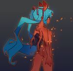  1girl absurdres aqua_eyes aqua_hair ass colored_skin completely_nude cowboy_shot demon_girl gradient_background grey_background hatsune_miku highres horns knuxy long_hair nude outline red_horns red_outline red_skin shadow smile solo sparks twintails very_long_hair vocaloid wings 