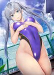 1girl blue_eyes blush commentary_request competition_swimsuit covered_navel covered_nipples cowboy_shot from_below gentsuki grey_hair highleg highleg_swimsuit highres hip_focus kuroe_(kimi_omou_koi) long_hair looking_at_viewer looking_down one-piece_swimsuit original outdoors parted_lips purple_one-piece_swimsuit solo standing swimsuit thighs 