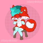 anthro armwear blue_hair blush canid canine canis chibi clothed clothing curled_tail digital_media_(artwork) elbow_gloves embarrassed footwear fox fur girly gloves green_hair hair handwear hi_res legwear male mammal mistystar red_body red_fur shaded simple_background sitting smile solo solo_focus tail thigh_highs tuft