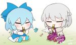  2girls blue_bow blue_dress blue_hair bow chibi cirno closed_eyes commission detached_wings dress fumo_(doll) grey_hair hair_bow holding holding_instrument ice ice_wings instrument jacket kishin_sagume light_blush multiple_girls music musical_note pixiv_commission playing_instrument purple_dress rei_(tonbo0430) short_hair single_wing smile suit_jacket touhou white_wings wings 