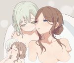  2girls bang_dream! bang_dream!_it&#039;s_mygo!!!!! bathtub blue_eyes blush breasts brown_hair closed_mouth coldcat. commentary_request covering_own_mouth green_hair grey_background highres large_breasts long_hair multiple_girls nagasaki_soyo nude parted_lips partially_submerged same-sex_bathing shared_bathing simple_background steam sweat tearing_up trembling wakaba_mutsumi yellow_eyes yuri 