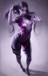  1girl absurdres adjusting_hair bodysuit breasts breasts_apart brown_eyes colored_skin full_body grey_background hands_up highres long_hair looking_at_viewer mole mole_on_breast overwatch overwatch_1 purple_bodysuit purple_hair purple_lips purple_skin simple_background small_breasts solo standing straight_hair unitard widowmaker_(overwatch) yeaayeoo 