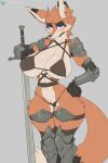 anthro armor biped blue_eyes breasts canid canine cleavage clothed clothing cooliehigh female fox fur hi_res mammal orange_body orange_fur skimpy solo tail