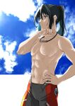 1boy black_hair blue_sky cloud commentary_request hair_between_eyes hand_on_own_hip high_ponytail highres long_hair looking_ahead male_focus navel nayuta-kanata noah_(xenoblade) parted_lips pectorals sky solo standing toned toned_male wet xenoblade_chronicles_(series) xenoblade_chronicles_3 