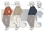 anthro biped bottomwear chinese_text clothed clothing dipstick_tail domestic_cat eyebrows felid feline felis footwear fur hair hi_res hoodie inner_ear_fluff kemono male mammal markings milkytiger1145 model_sheet open_mouth open_smile pants qinglan_(milkytiger1145) shoes smile solo tail tail_markings text topwear translation_request tuft white_body white_fur white_hair