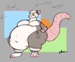 absurd_res american_opossum anthro auxiefox belly_overhang big_butt big_moobs blush butt chubby_cheeks feeding hi_res huge_thighs male mammal marsupial moobs navel obese orange_eyes overweight pink_tail praise solo tail text thick_tail thick_thighs weight_gain