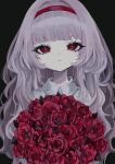  1girl :&lt; black_background blunt_bangs bouquet closed_mouth eyelashes flower hairband highres holding holding_bouquet long_hair looking_at_viewer mole mole_under_eye original purple_hair red_eyes red_flower red_hairband red_rose revision rose shiona_(siona0625) simple_background solo straight-on upper_body wavy_hair 