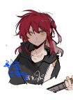  1girl black_hoodie bocchi_the_rock! closed_mouth cropped_torso green_eyes guitar holding holding_guitar holding_instrument hood hoodie instrument kessoku_band_hoodie_(bocchi_the_rock!) kita_ikuyo lingyi long_hair looking_at_viewer one_side_up playing_guitar red_hair smile solo sweat translation_request upper_body 