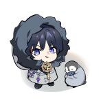  1boy :q bird black_footwear black_hair blue_eyes c2323172843 chibi closed_eyes coat fish fur-trimmed_coat fur_trim genshin_impact grey_coat hair_between_eyes highres hood hood_up hooded_coat looking_at_viewer male_focus penguin scaramouche_(genshin_impact) shoes simple_background tongue tongue_out white_background 