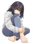  1girl barefoot black_hair blue_pants blush closed_mouth feet full_body grey_eyes hugging_own_legs knee_up long_hair long_sleeves looking_at_viewer mattaku_mousuke on_ground original own_hands_together pants shadow shirt signature simple_background sitting soles solo toenails toes white_background white_shirt 