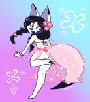 anthro arctic_fox bikini black_hair braided_hair braided_pigtails calisdraws canid canine canis clothed clothing digital_media_(artwork) dipstick_ears dipstick_tail female flower fox fur hair hi_res jasmine_(themadcatter) jewelry long_hair looking_at_viewer mammal markings multicolored_ears multicolored_tail plant side-tie_bikini solo string_bikini swimwear tail tail_markings true_fox veil white_body white_ears white_fur white_tail