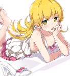  1girl absurdres barefoot blonde_hair blurry blurry_foreground breasts collarbone commentary_request depth_of_field dress feet foreshortening hand_on_own_face highres legs_up long_hair lying monogatari_(series) on_stomach open_mouth oshino_shinobu rauto sandals shoes small_breasts soles the_pose toes unworn_sandals unworn_shoes very_long_hair white_dress white_footwear yellow_eyes 