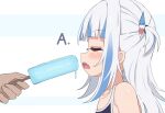  1girl a_(phrase) blue_hair blush closed_eyes collarbone food gawr_gura highres hololive hololive_english ice_cream long_hair multicolored_hair open_mouth shark_girl simple_background streaked_hair tenroy two-tone_hair two_side_up virtual_youtuber white_background white_hair 