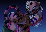 annoyed_expression anthro apsel_bluestar bent_over big_breasts big_butt bottomwear bottomwear_down breasts butt clothed clothing covering covering_breasts dreamworks felid female hi_res kung_fu_panda mammal master_tigress pantherine pants pants_down partially_clothed solo tail tiger