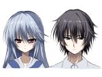  1boy 1girl black_eyes black_hair blue_hair blush brother_and_sister close-up closed_mouth commentary expressionless eyes_visible_through_hair grisaia_(series) grisaia_no_kajitsu hair_between_eyes kasukasugom1 kazami_kazuki kazami_yuuji long_hair nose red_eyes short_hair siblings side-by-side sidelocks simple_background spiked_hair tsurime white_background 