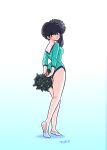  1girl arms_behind_back athletic_leotard ballet_slippers black_flower black_hair black_rose blue_leotard bouquet breasts flower gradient_background grey_eyes gymnastics high_side_ponytail highres holding holding_bouquet kunou_kodachi leotard long_hair looking_at_viewer looking_back medium_breasts ranma_1/2 rhythmic_gymnastics rose signature wanta_(futoshi) white_footwear 