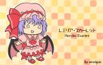  1girl artist_name ascot back_bow bat_wings bobby_socks bow character_name chibi frilled_shirt_collar frills full_body hat large_bow mary_janes medium_hair mob_cap open_mouth pink_hat pink_shirt pink_skirt pink_socks puffy_short_sleeves puffy_sleeves purple_hair red_ascot red_bow red_footwear remilia_scarlet shirt shoes short_sleeves simple_background skirt socks solid_circle_eyes solo touhou windgun wings yellow_background 
