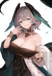  1girl absurdres arknights black_choker black_dress bracelet breasts choker cleavage commentary_request cowboy_shot dress ema_(kuguiema) grey_hair grin head_tilt highres ho&#039;olheyak_(arknights) ho&#039;olheyak_(carriage_of_the_winds_of_time)_(arknights) jewelry large_breasts looking_at_viewer official_alternate_costume simple_background smile snake_tail solo standing strapless strapless_dress tail white_background 