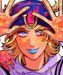  1boy 1other absurdres artist_name blonde_hair blue_eyes blue_hat blue_lips commentary english_commentary fibonacci_sequence freckles golden_spiral highres hood hoodie horseshoe huyandere johnny_joestar jojo_no_kimyou_na_bouken male_focus portrait signature smile stand_(jojo) star_(symbol) star_print steel_ball_run tears tusk_(stand) tusk_act1 white_hoodie 