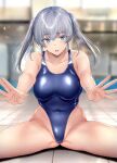  1girl ass_visible_through_thighs blue_eyes blue_one-piece_swimsuit blurry blurry_background blush breasts cleavage collarbone commentary_request competition_swimsuit covered_navel cowboy_shot gentsuki grey_hair groin hair_between_eyes highleg highres kuroe_(kimi_omou_koi) looking_at_viewer medium_breasts one-piece_swimsuit open_mouth original photoshop_(medium) poolside simple_background sitting sleeveless solo spread_legs swimsuit teeth tongue twintails 