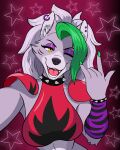 2024 5_fingers anthro armwear artist_name black_nose bracelet breasts bust_portrait canid canine canis chisheq claws clothing collar devil_horns_(gesture) digital_media_(artwork) ear_piercing ear_ring eyebrows eyelashes eyeshadow fangs female finger_claws fingers five_nights_at_freddy&#039;s five_nights_at_freddy&#039;s:_security_breach front_view gesture green_claws hair hand_gesture hi_res highlights_(coloring) inner_ear_fluff jewelry long_hair looking_at_viewer makeup mammal one_eye_closed open_mouth pattern_background piercing portrait purple_eyeshadow purple_highlights ring_piercing roxanne_wolf scottgames selfie shoulder_grab simple_background solo spiked_bracelet spiked_collar spikes star-shaped_background steel_wool_studios teeth topwear tuft white_hair wink winking_at_viewer wolf yellow_eyes