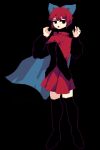  1girl 4qw5_(style) black_background black_cape black_eyes black_shirt blue_bow bow cape cloak full_body hair_bow long_sleeves looking_at_viewer open_mouth pixel_art red_hair red_skirt ryanluke sekibanki shirt short_hair simple_background skirt solo standing touhou 