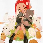  1girl animal bear bird black_footwear black_sweater boots chick closed_eyes commentary cross-laced_footwear highres holding holding_animal li04r long_hair octoling octoling_girl octoling_player_character open_mouth rabbit red_hair short_eyebrows simple_background sitting sleeves_past_wrists solid_circle_eyes splatoon_(series) sweater tentacle_hair thick_eyebrows white_background white_fur yellow_eyes 